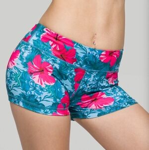 NWT IAB MFG Booty Shorts 3" No Ride Hibiscus Love Teal Pink Athletic Floral 10 L